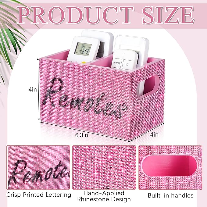 MotiMind Bling Rhinestone Remote Control Holder Crushed Diamond 2 Compartment Decorative TV Remote Caddy Organizer Storage Box Table Nightstand with and Label, Sparkly Gifts for Christmas(Pink)