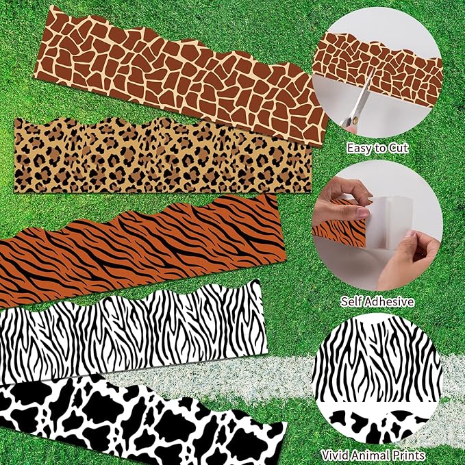 60 Pcs Animal Print Bulletin Board Border Safari Jungle Bulletin Board Decorations Leopard Zebra Tiger Giraffe Cow Bulletin Board Border Back to School Decoration Borders for Classroom Party Supplies