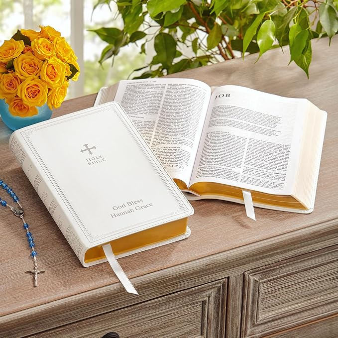 Let's Make Memories Personalized Catholic Bible - New & Old Testament - White - Gift of Faith - Customized with Message - 9.4" L x 6" W - Catholic Bible - White Cover
