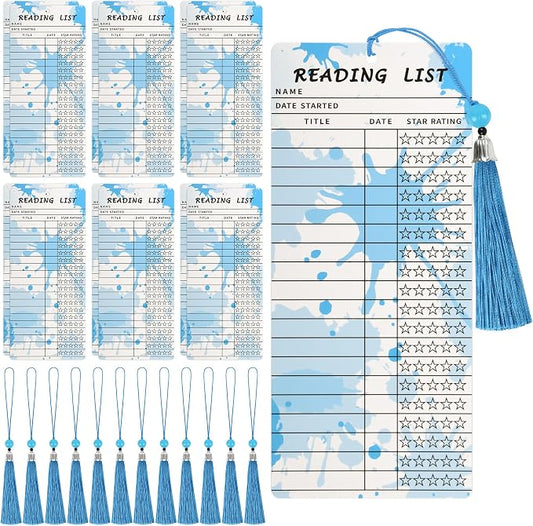Book Lover Gifts, Vintage Bookmarks,12 PCS Reading List Bookmark with 12 PCS Blue Tassels, Book Club Ideas Hosting, Library Card, Book Club Party Deacoration Favors, Book Tracker Book Marker