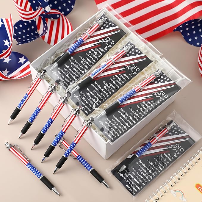 100 Sets American Flag Ballpoint Pens Bulk USA Patriotic Themed Black Ink Retractable Pen Stars Stripes Bookmarks Stationery 250th Anniversary Souvenirs for Memorial Day Veterans Home Office Army