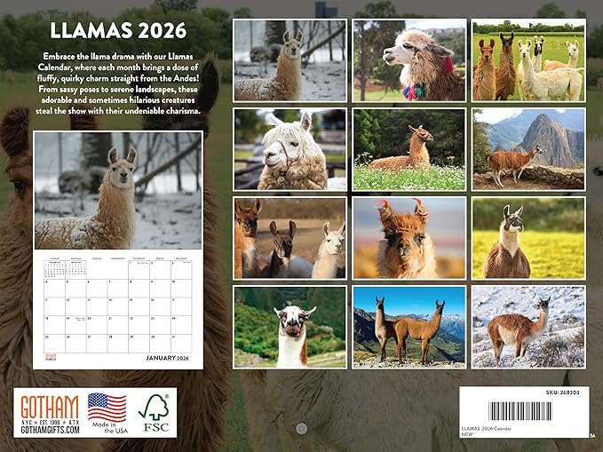 Llama Calendar 2026 Monthly Wall Calender 12 Month | American Made In The USA