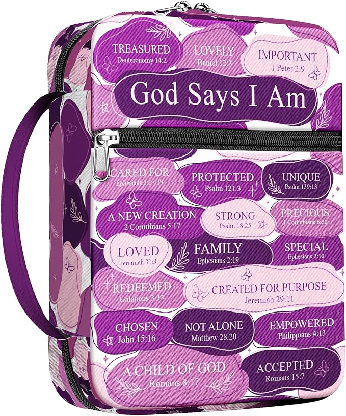 God Says I Am Bible Cover for Women with Handle and Zipper Pocket, Christian Scripture Case for Girls, Inspirational Purple Bible Bag, Fits Standard Size, Faith Gift for Mom, Church