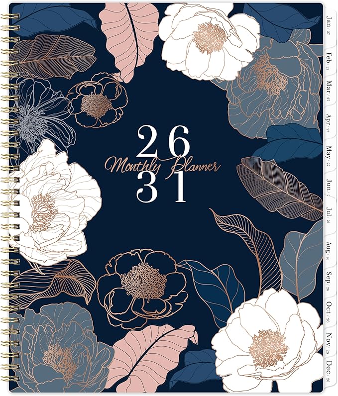 2026-2031 Monthly Planner/Calendar - 5 Year Monthly Planner, July 2026 - June 2031, 9" x 11", 5 Year Calendar 2026-2031 Monthly Planners with Tabs, Notes Pages - Engraved Floral