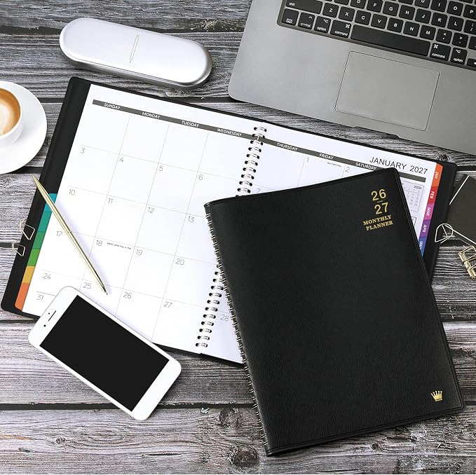 2026-2027 Monthly Planner/Calendar - Jul 2026 - Dec 2027, Monthly Planner 2026-2027, 18 Months, Faux Leather, 8.86" x 11.4", 15 Notes Pages, Strong Twin - Wire Binding, Tabs, Perfect Organizer - Black