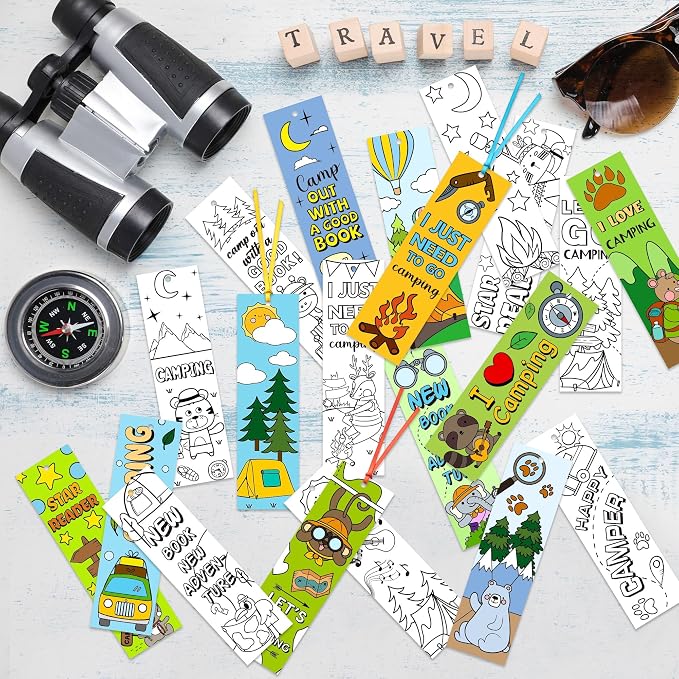 ANGOLIO 123P Camping Color Your Own Bookmarks for Kids Summer Funny Camping Tent Jungle Animal Campfire DIY Coloring Blank Book Markers for Teacher Student Classroom Art Crafts Birthday Party Supplies