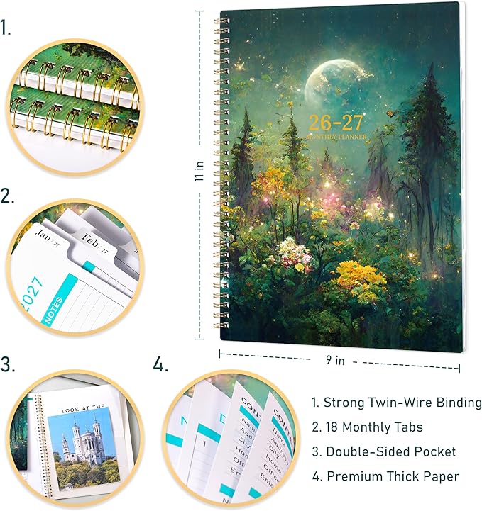 2026-2027 Monthly Planner/Calendar - Planner 2026-2027, JUL 2026 - DEC 2027, 9" x 11", 18 Monthly Planners 26-27, Monthly Calendar Planner with Spiral Binding + Tabs + Back Pocket