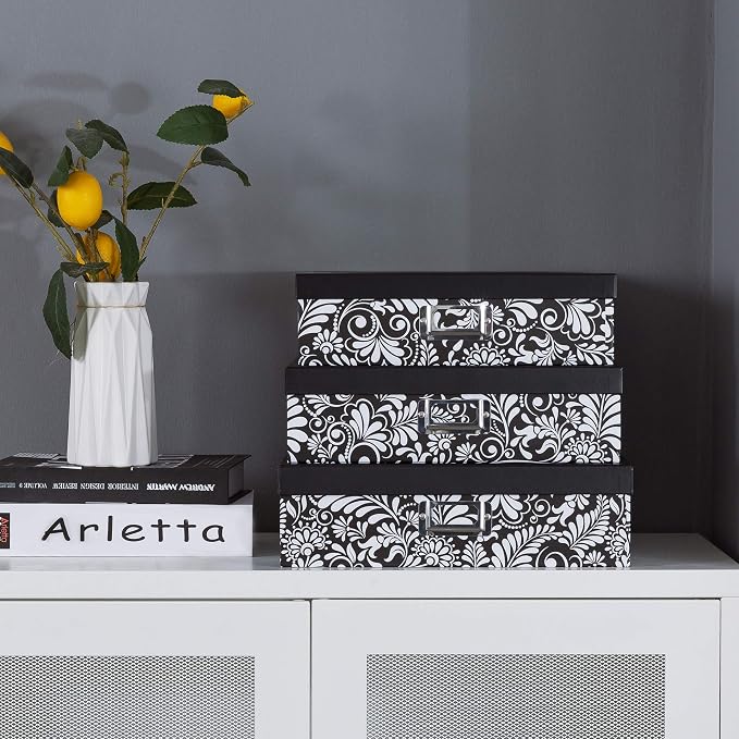 Soul & Lane Modern Botanical Decorative Cardboard Boxes with Lids, Set of 3 Black and White Floral Letter Storage for Documents, Memory Boxes for Keepsakes, Photos, Scrapbooks