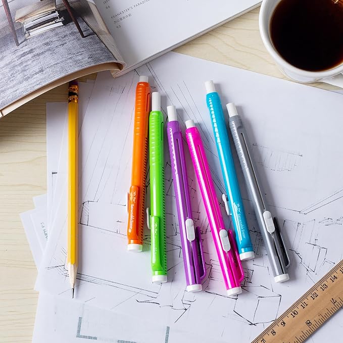 Mr. Pen- Retractable Mechanical Eraser Pens, 6 Pack, Vibrant Colors, Latex-Free Precision Pencil Erasers for Artists, Students, Drawing, Sketching & Drafting