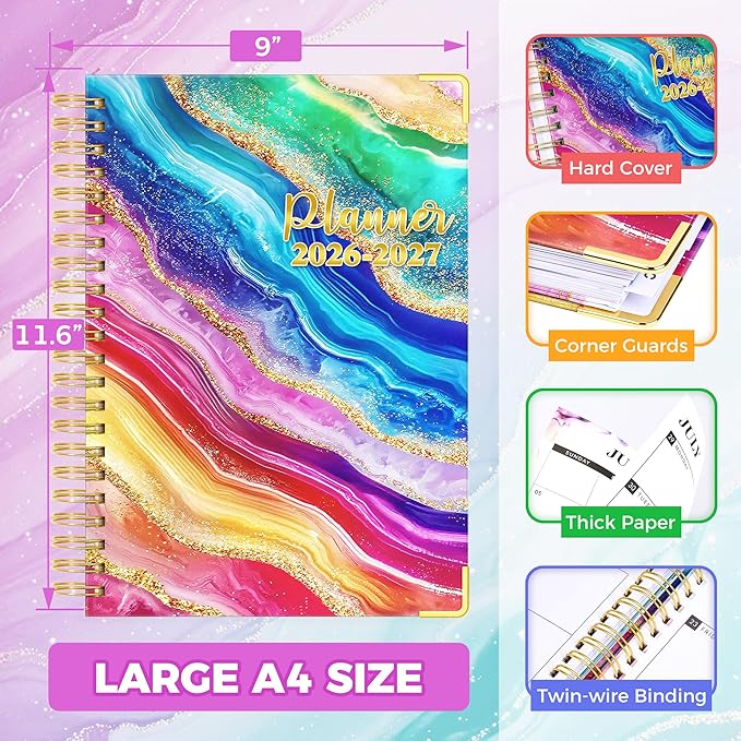 Planner 2026-2027, 18 Month Weekly and Monthly Planner, Jan. 2026 - Jun. 2027, 9" x 11.6" A4 Large Hardcover Calendar Planner with Page Tabs, Separator Page, Inner Pocket, Bookmark, Stickers, Sticky Note Set