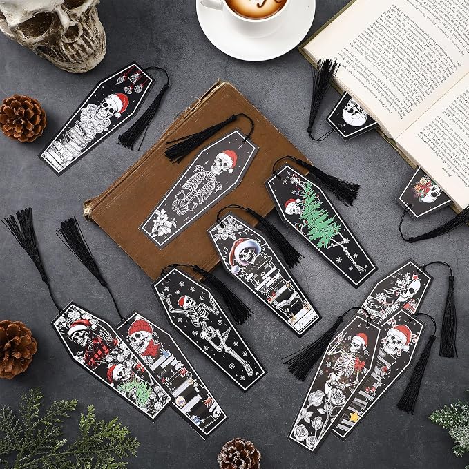 Kolldenn 120 Pcs 12 Styles Christmas Gothic Skeleton Coffin Bookmarks Double Sided Book Tracker Skull Horror Bookmark Gothic Book Marker with Black Tassels for Reading Lovers Gifts Accessories