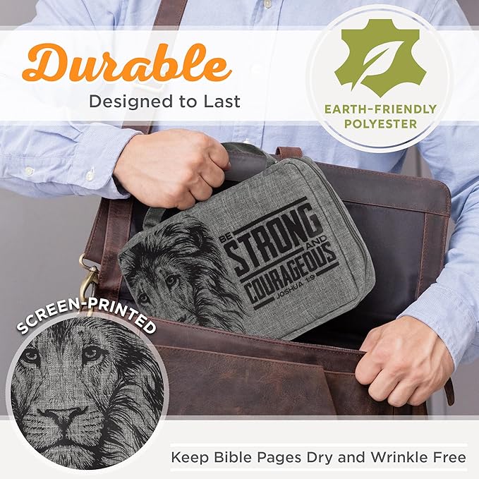 Christian Art Gifts Value Poly-Canvas Bible Cover for Men & Women: Strong & Courageous Bold Lion - Joshua 1:9 Inspirational Scripture with Pocket, Sleeves, Pen Loops, Gray, Medium