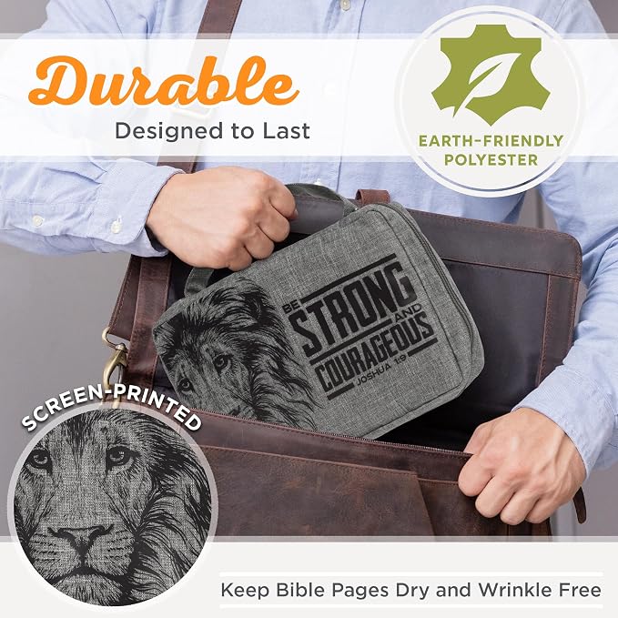 Christian Art Gifts Value Poly-Canvas Bible Cover for Men & Women: Strong & Courageous Bold Lion - Joshua 1:9 Inspirational Scripture with Pocket, Sleeves, Pen Loops, Gray, Medium