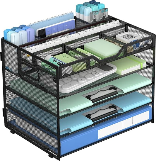 Docnest 5 Tier Mesh Desk Organizer with Adjustable Compartments - Stackable Letter Tray with Built-in Pen Holder & Handles - Desktop File Storage for Office, Home, School Supplies - Black