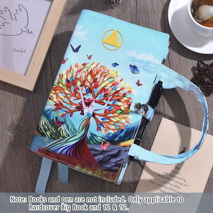 LParkin Soft Canvas AA Big Book Cover with Pockets for Women, Double AA Book Covers for Hardcover, Alcoholics Anonymous Gifts Fit AA Big Book Hardcover and 12 &12, Sober Design Women Tree of Life