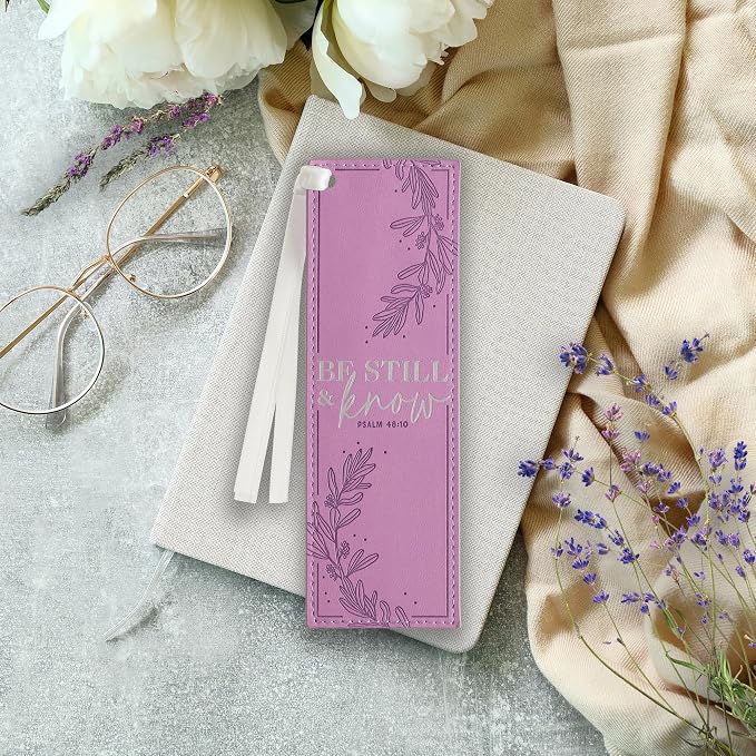 Christian Art Gifts Purple Faux Leather Purple Floral Bookmark for Women: Be Still and Know - Psalm 46:10 Inspirational Bible Verse, Heat-Debossed & Silver Foil Accents with Silky White Satin Ribbon