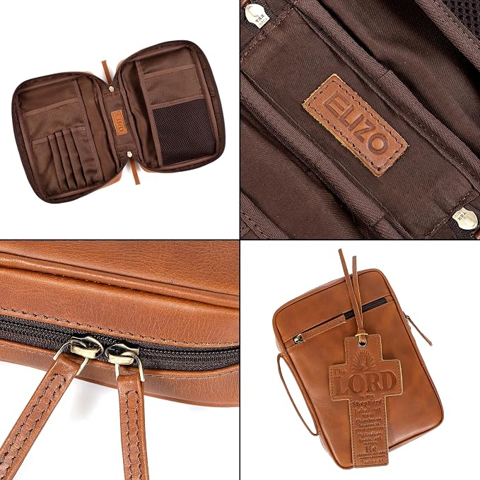 ELIZO Leather Bible Cover for Men Bible Case for Women Zippered Holder Protector Cross Church Tote Bag Carrying Organizer Sleeve Gift Standard Tan