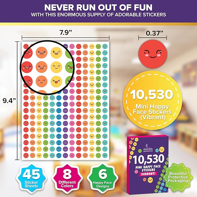 Decorably 10,530 Happy Face Small Stickers for Kids Reward Chart - 45 Sheets Sticker Chart Stickers Small for Classroom Activities, Positive Reinforcement, Arts & Crafts, Scrapbooking, Gift