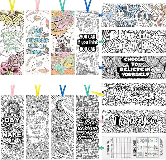 130 Pieces Inspirational Bookmarks for Kids, DIY Coloring Bookmarks Double-Sided Motivational Page Markers Clips for Kids Students Teachers Reading Book Lovers Supplies Party Favors