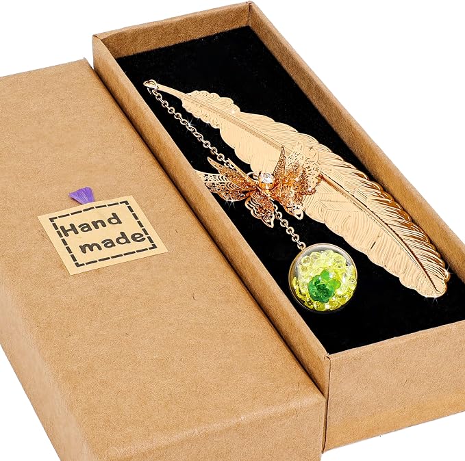 Teacher Retirement Gifts - Metal Feather Bookmark with 3D Butterfly & Real Dried Flower Pendant - Bookmark for Women & Book Lovers Under 10 Dollars - Gift Box Included