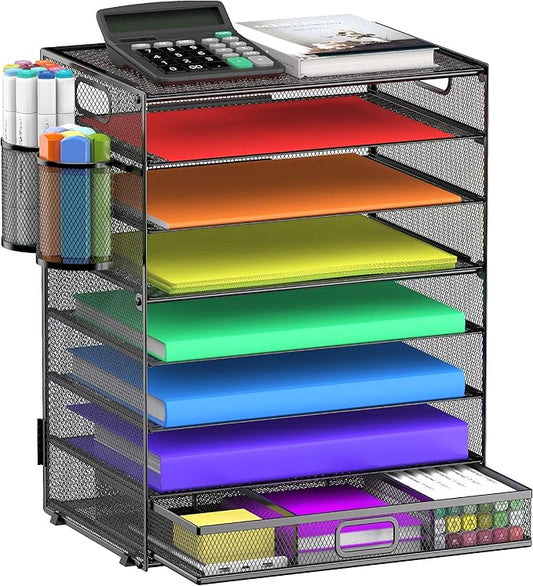 8 Tier Paper Letter Tray Organizer with Handles, Mesh Desk File Holder Storage Organization for Home School Classroom & Office (Black-with Drawer,Pen Holders)
