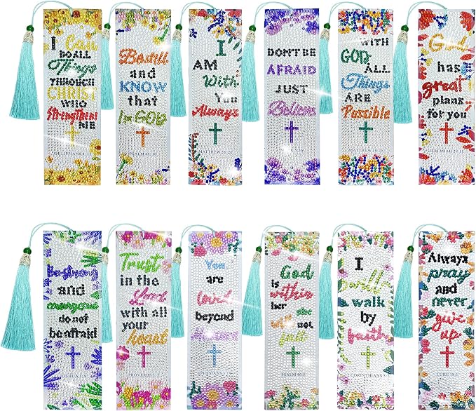 12Pcs Christian Bible Verse Diamond Art Bookmark for Adults Flower Cross 5d Diamond Painting Bookmarks with Tassel for DIY Making Kit for Reading Lover Book Lover DIY Crafts Religious Gift