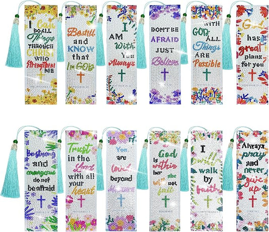 12Pcs Christian Bible Verse Diamond Art Bookmark for Adults Flower Cross 5d Diamond Painting Bookmarks with Tassel for DIY Making Kit for Reading Lover Book Lover DIY Crafts Religious Gift