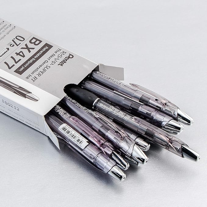 Pentel RSVP Super RT Ballpoint Pen, (0.7mm) Fine Line, Black Ink, Box of 12 (BX477-A)