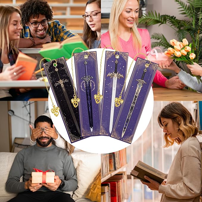 Dragon Sword Bookmark Gifts - 4 Pcs Purple Cool Vintage Bookmarks for Men Reading Lovers Kids Teacher Students Gold Pendant Charm Fantasy Anime Book Marks Office Home Supplies Birthday Gift