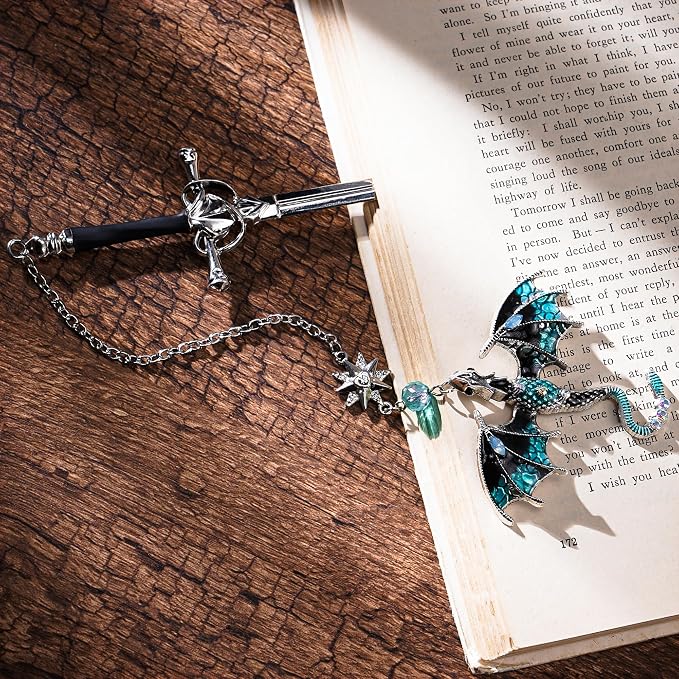 Fantasy Fourth Wing Bookmark - Sward Dragon Book Mark for Men Vintage Tassel Metal Pendant Antique Silver Blue Book Marker Reading Lovers Gifts Birthday Teacher Readers