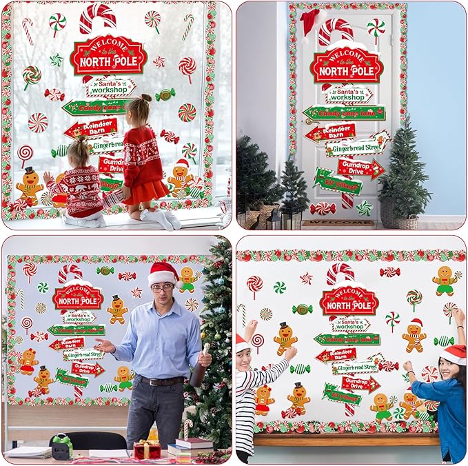 Christmas Bulletin Board Set Christmas North Pole Sign Classroom Decorations Xmas Gingerbread Candy Cane Paper Cutouts Decor for School Door Wall Winter Holiday Party Supplies