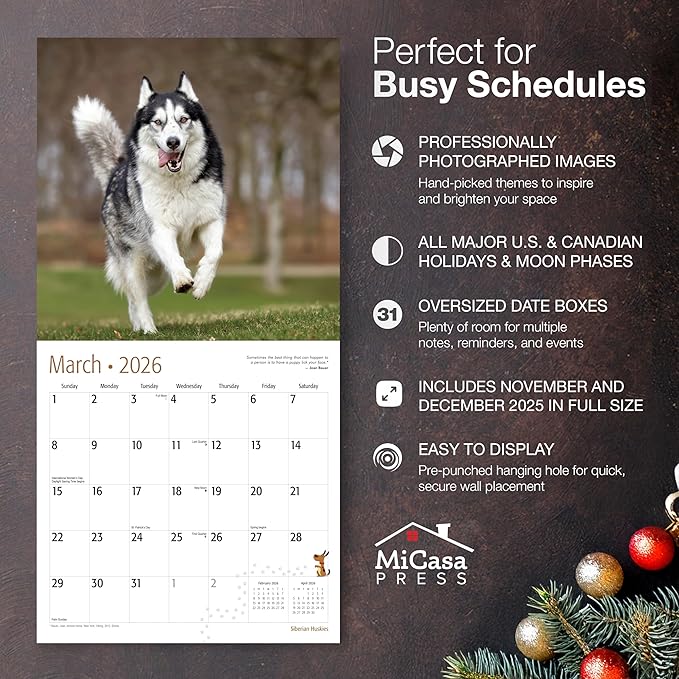 MICASA PRESS Siberian Huskies 2026 Wall Calendar 12 Month | 12" x 24" Open | Thick & Sturdy Paper | Giftable | Cute Puppy Dog Calendar 2026