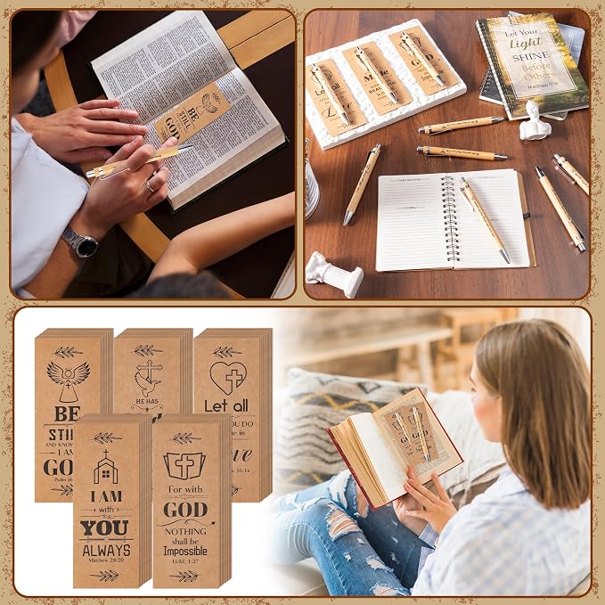 Haooryx Christian Bible Pen Bookmark - 50-Piece Christian Bible Verse Bamboo Inspirational Pen Scripture Biblical Bookmark Set Sunday School Church Religious Multi-Item Party Favor Packs Gifts Bulk