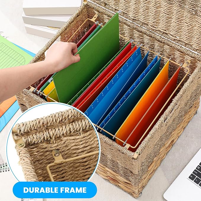 2pcs Large Decorative File Box 18 x 15 x 14 in Seagrass Hanging Organizer for Letter & Legal Size File Basket Hand Woven Filing Cabinet with Lid Collapsible Box for Home Office Decor, Water Hyacinth