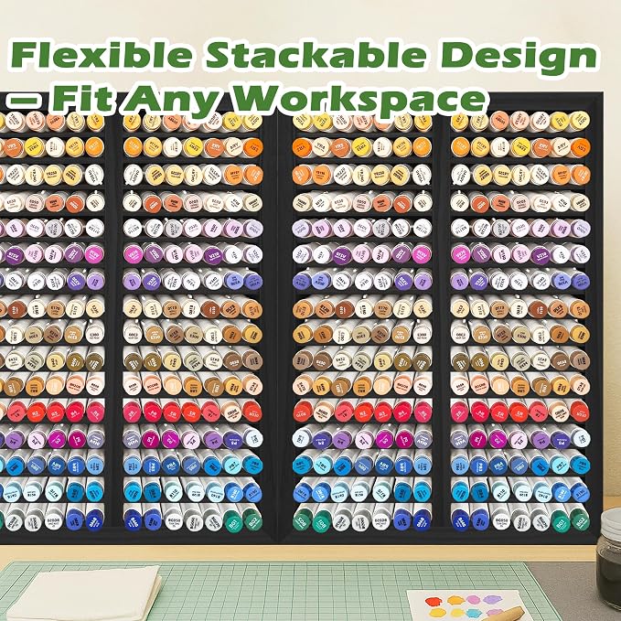 PROLEE Marker Organizer for 224 Markers,Wooden Marker Holder with 32 Slots, Pens Pencils Art Supply Alcohol Markers Storage Organizer for Desk Home Classroom Office Decor(Black,15“x11”x5.2 “)