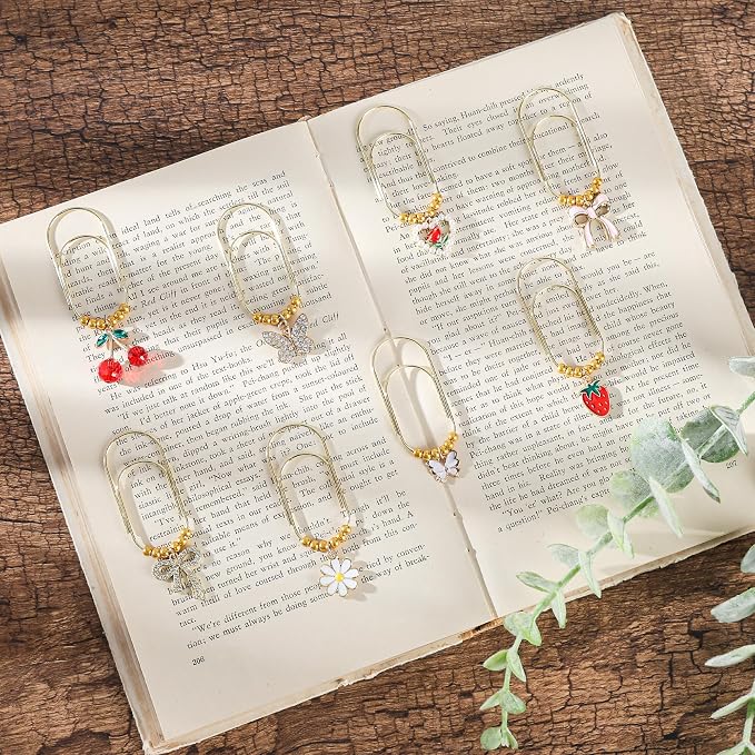 Cute Bow Paper Clips - 8 Pcs Pink Coquettee Cherry Butterfly Large Paperclips Gifts Charm Girly Aesthetic Metal Bookmarks Planner Accessories for Reading Women Girls Book Lovers Birthday