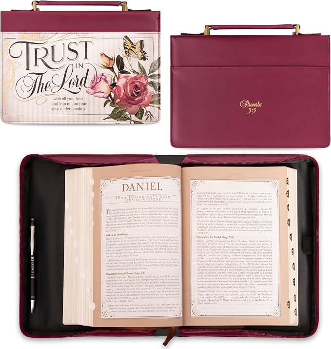 Christian Art Gifts Maroon Red Floral Fashion Bible Cover for Women: Trust in the Lord - Prov. 3:5 Inspirational Scripture Verse, Vintage Vegan Leather Book Carry Case Bag w/Stationery Storage, Large