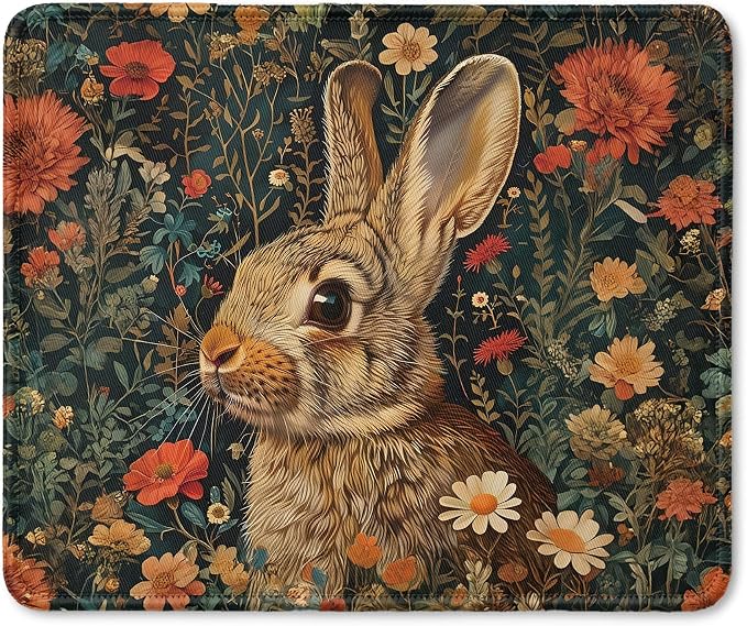 Vintage Floral Bunny Mouse Pad, Gifts for Bunny Rabbit Lovers, Dark Cottagecore Moody Flower Rabbit Mouse Pad for Home Office Computer Gaming Desk Essentials, 9.5x7.9 Inch