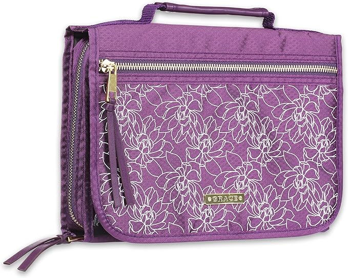 Christian Art Gifts Grace Badge Floral Women's Tri-Fold Organizer Bible Cover Zipper Closure, Purple Canvas, Large