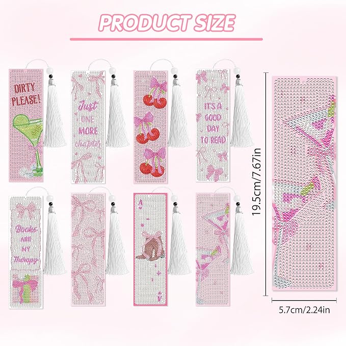 8 Pcs Bow Diamond Art Bookmarks Kit with Tassels, Cute Pink Diamond Painting Bookmarks for Women Book Lovers, DIY Bookmark Making Kit for Adults Beginners Aesthetic Crafts