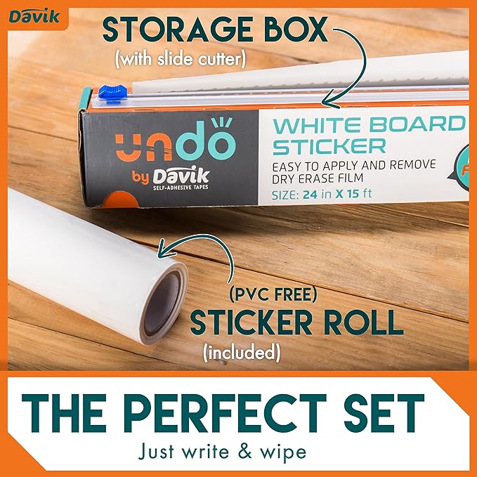Davik - Multi-Purpose, Easy Cut and Setup Whiteboard Sticker - Customizable Peel and Stick Dry Erase Board for Wall Art or Classroom Decor- Office and School Supplies (24 Inches by 15 feet)