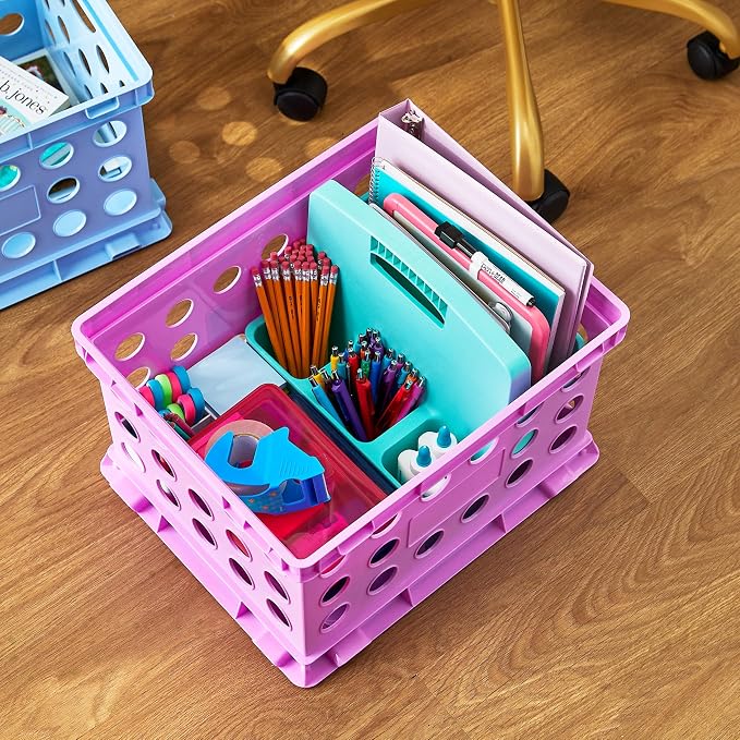 Storage Crate with Handles, 6 Pack Plastic File Organizer Box for Letter Legal Size Documents, Stackable Office Supply Container, 14x10.5x16.97 Inch, Purple