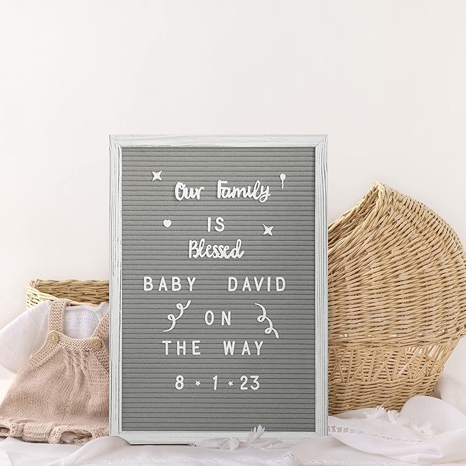 HBCY Creations 12"x17" Felt Letter Board - Solid Wood Frame - White Wash - Gray Felt - 389 PP Letters Including Numbers, Symbols, Icons - Canvas Carrying Case