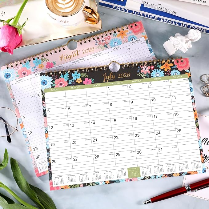 Calendar 2026-2027 - Wall Calendar 2026-2027 with 18 Months, Jul. 2026 - Dec. 2027, Wall Calendar with Twin-Wire Binding + 11" x 8.5" + Hanging Hook + Ruled Blocks with Julian Dates - Black Floral