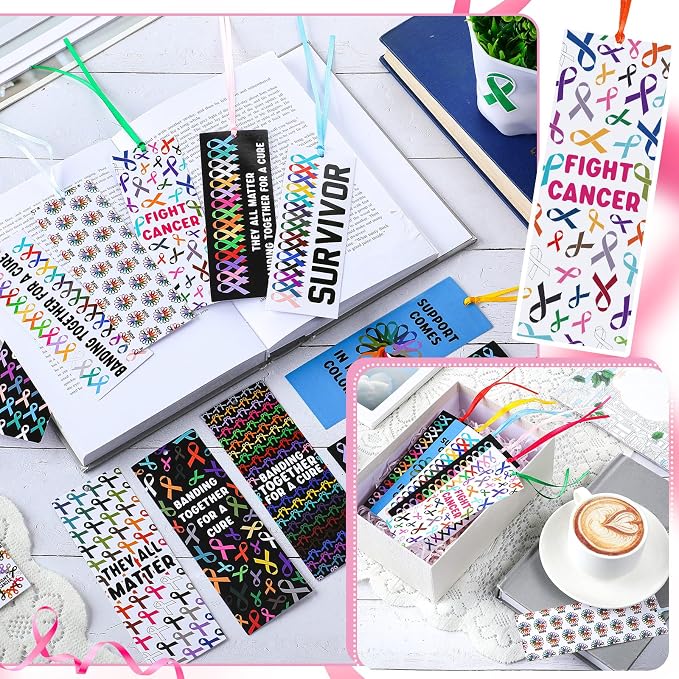 Yaomiao 120 Pcs Cancer Awareness Laminated Bookmarks Bulk Colorful Ribbon Bookmarks All Cancer Awareness Book Markers for Charity Fundraiser Support Items Office Supplies