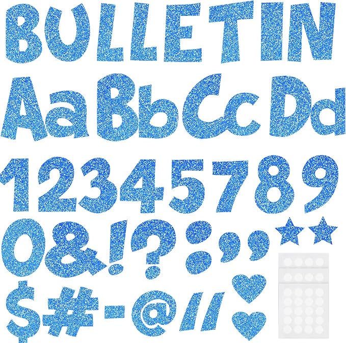 Glitter Bulletin Board Letters for Classroom Numbers Alphabet Poster Board Letters with Adhesive Dots Punctuation Symbols Cutout Bulletin Display School (Blue)