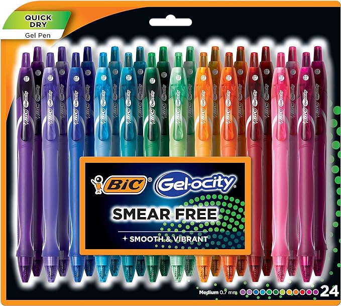 BIC Gelocity Quick Dry Gel Pen with Fast Drying Ink and Comfortable Grip, Assorted colors, 0.7 mm Medium Point, 24 Pack