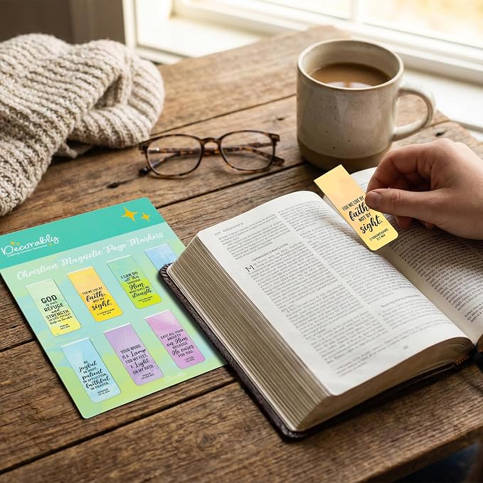 Decorably 8 Pack 0.8x2.3in Bible Verse Magnetic Bookmarks Christian, 8 Watercolor Motivational Designs Prayer Page Clips for Women & Men - Study, Devotional, Journaling, Reading, Gift