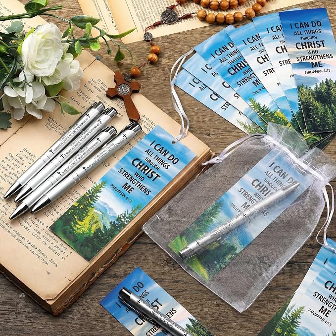 Dispowreath 24 Pcs/12 Sets I Can Do All Things Through Christ Bookmark Pen Set Include 12 Philippians 4:13 Bookmarks 12 Inspirational Religious Pens for Women Men Christian Gifts Church Party Supplies