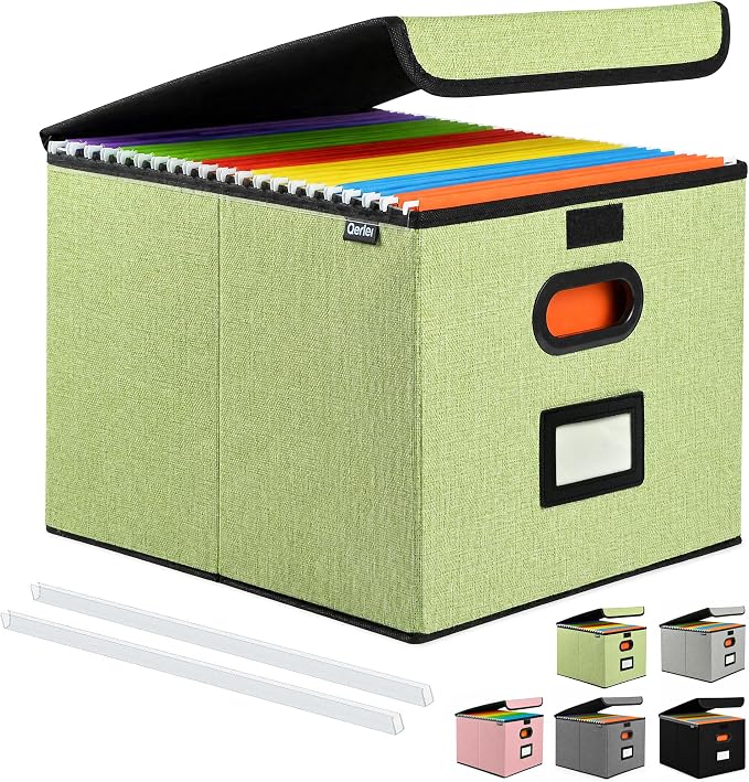 Qerlei File Organizer Boxes with Lids,Collapsible File Folder Organizer with Plastic Slide,Collapsible Filing & Storage Boxes for Office/Decor/Home (Green, 1 Pack)